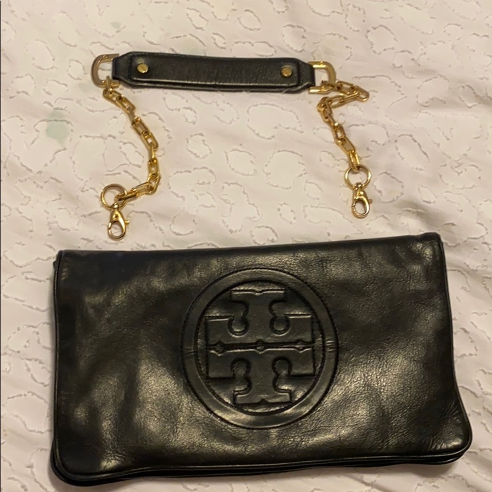Tory Burch Bombe Reva Black Leather Clutch w Chain